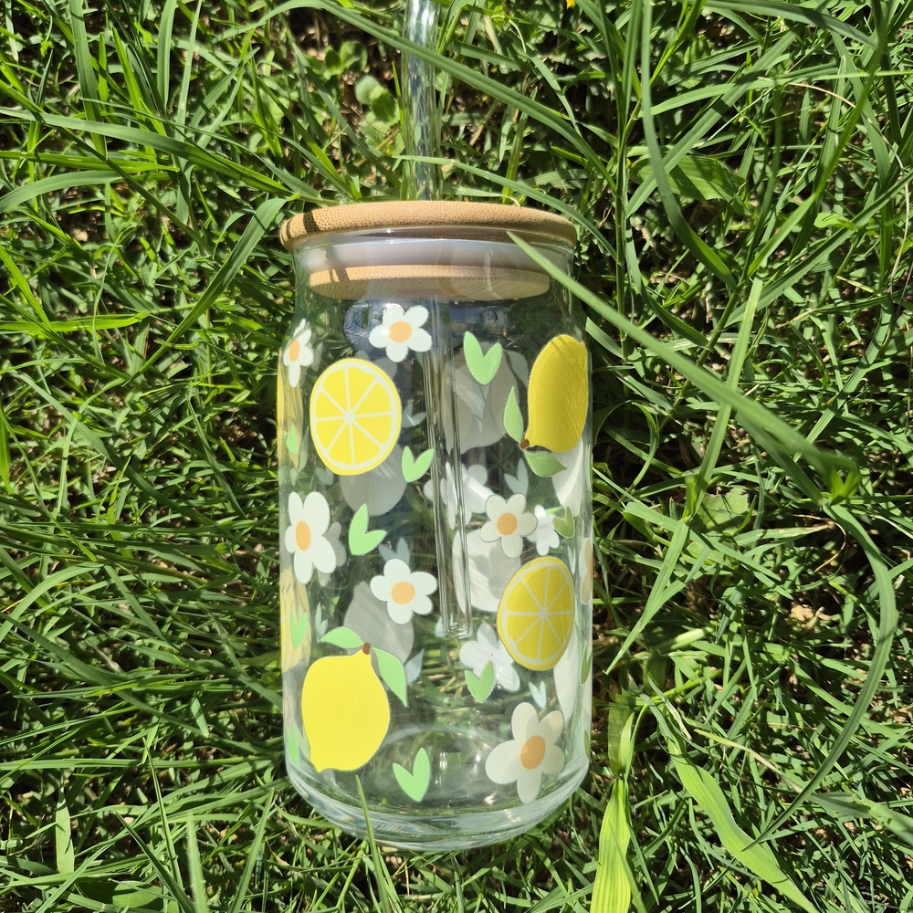 Lemon and Daisy Glass‎ Tumbler with Bamboo Lid
